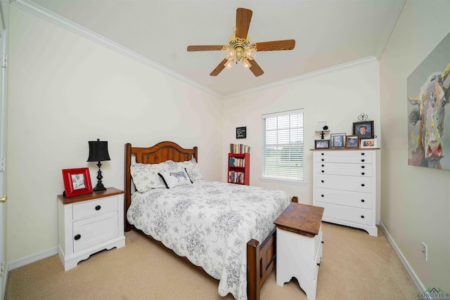 bedroom featuring baseboards, ornamental molding, and light carpet