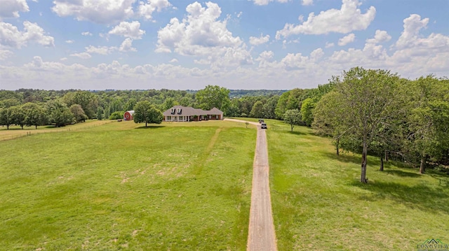view of yard with a wooded view and a rural view