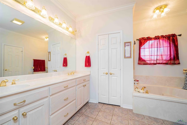 full bath featuring a closet, a sink, tile patterned flooring, and ornamental molding