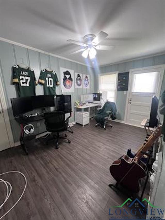 204 Mount Sylvan St, Lindale, TX 75771 - office featuring wood finished floors, ceiling fan, and ornamental molding