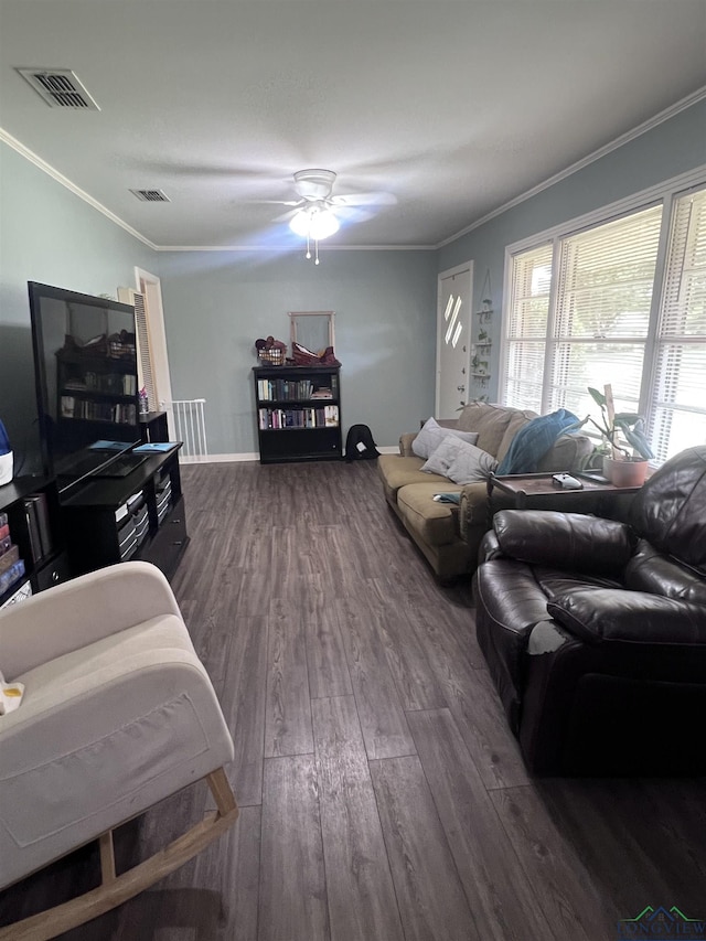 204 Mount Sylvan St, Lindale, TX 75771 - living room with wood finished floors, a ceiling fan, and crown molding