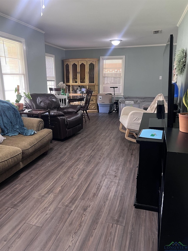 204 Mount Sylvan St, Lindale, TX 75771 - living area with ornamental molding and dark wood-style flooring