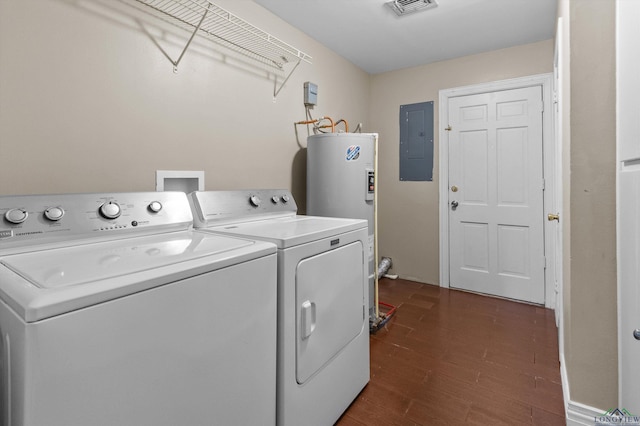 laundry area featuring separate washer and dryer, electric water heater, and electric panel