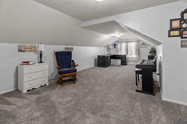 living area featuring carpet floors and vaulted ceiling