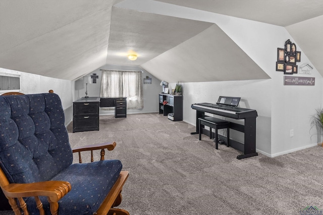 living area featuring light colored carpet and lofted ceiling