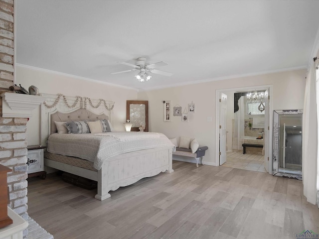 bedroom featuring ceiling fan, light wood-type flooring, and ornamental molding