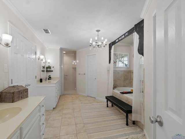 bathroom with vanity, plus walk in shower, tile patterned flooring, ornamental molding, and a notable chandelier