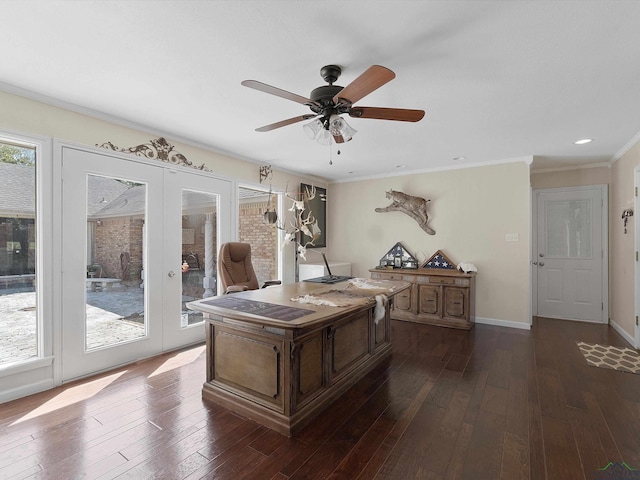 office area featuring crown molding, french doors, ceiling fan, and dark wood-type flooring