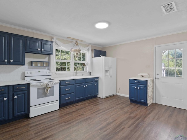 kitchen with white appliances, blue cabinets, sink, crown molding, and dark hardwood / wood-style flooring