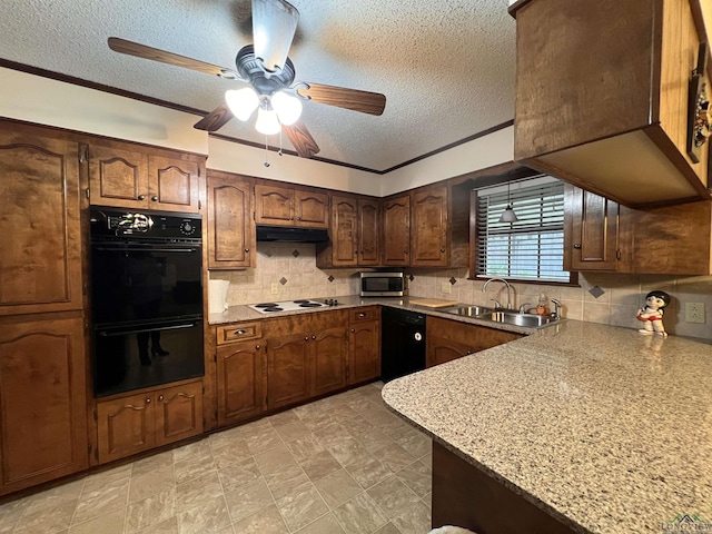 kitchen with light stone countertops, a textured ceiling, ceiling fan, sink, and black appliances