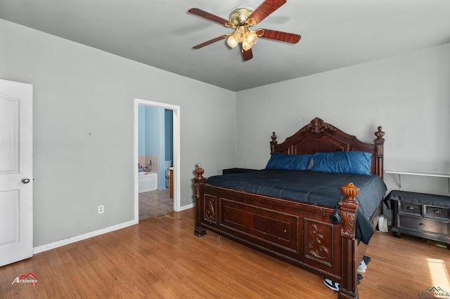 bedroom featuring ceiling fan and light hardwood / wood-style flooring