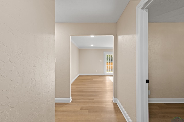 corridor with light wood-type flooring and ornamental molding