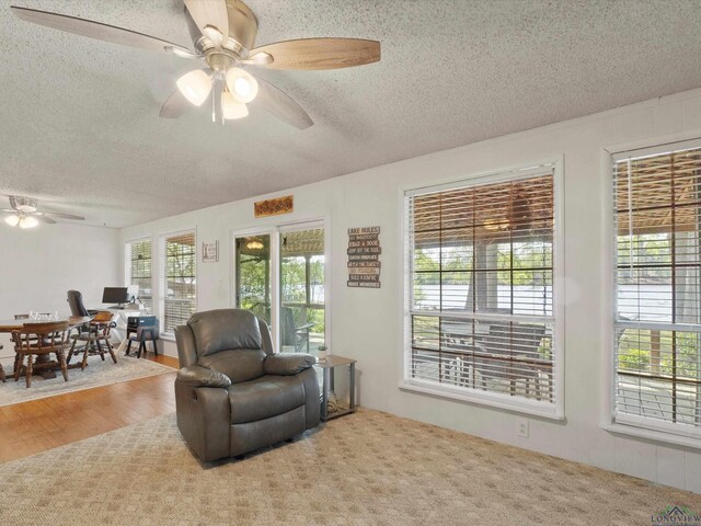 3065 E Lake, Gladewater, TX 75647 - living area with a textured ceiling and ceiling fan