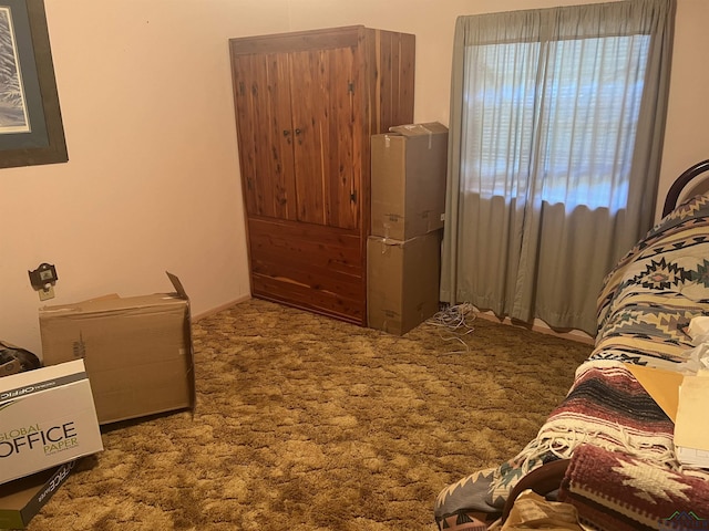 bedroom with dark colored carpet