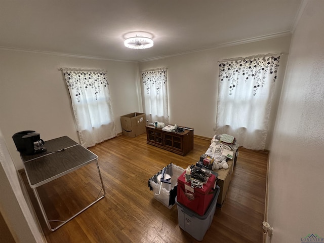 interior space with crown molding and wood-type flooring