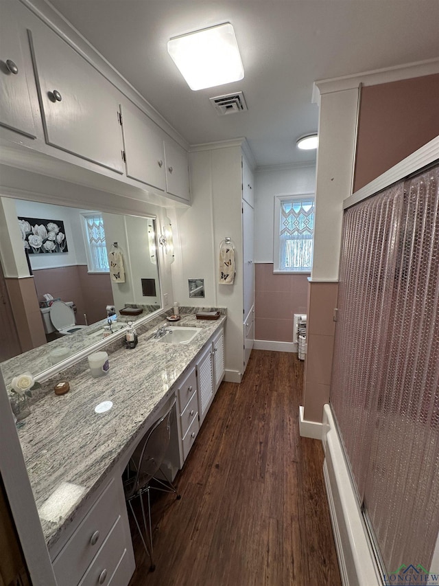 bathroom featuring hardwood / wood-style flooring, vanity, and toilet