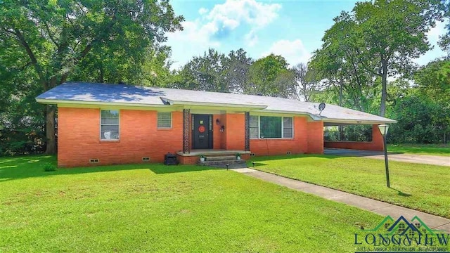 single story home with a carport and a front lawn