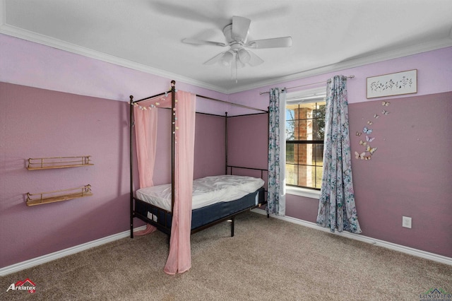 unfurnished bedroom with ceiling fan, carpet floors, and ornamental molding