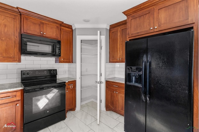 kitchen featuring decorative backsplash, light tile patterned floors, light stone countertops, and black appliances