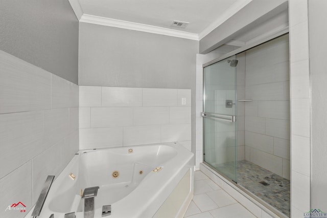 bathroom featuring separate shower and tub, tile patterned flooring, and ornamental molding