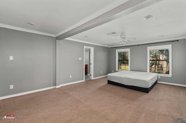 unfurnished bedroom with carpet flooring, ceiling fan, and ornamental molding