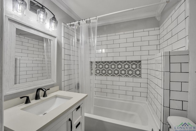 full bathroom with toilet, ornamental molding, shower / bathtub combination with curtain, and vanity