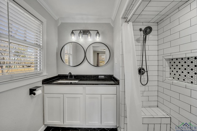 bathroom with ornamental molding, vanity, and a shower with shower curtain