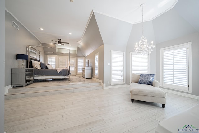 bedroom featuring wood finished floors, visible vents, baseboards, high vaulted ceiling, and ornamental molding