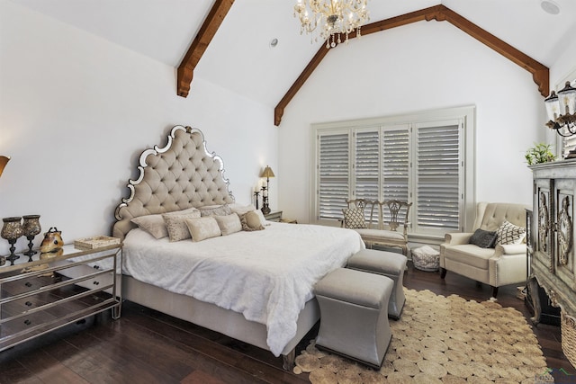 bedroom with beam ceiling, dark wood-type flooring, high vaulted ceiling, and a chandelier