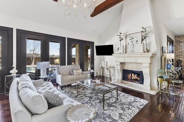 living room featuring high vaulted ceiling, french doors, hardwood / wood-style flooring, a fireplace, and beam ceiling