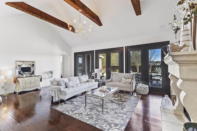 living room with beam ceiling, french doors, high vaulted ceiling, a chandelier, and hardwood / wood-style flooring