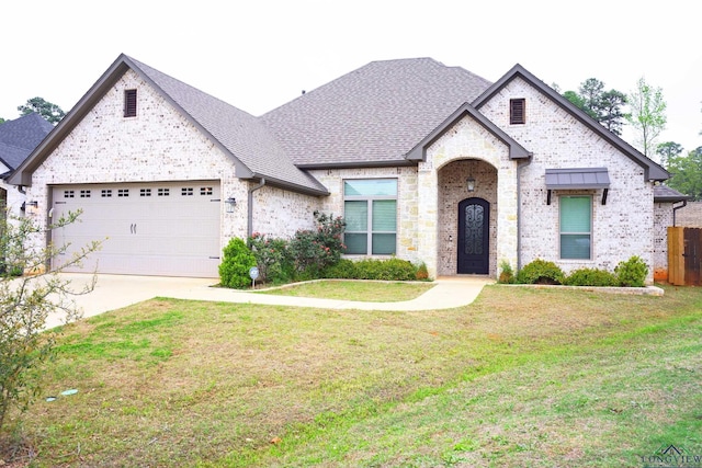 9173 Cave Branch Cv, Tyler, TX 75703 - french country home with a front yard, roof with shingles, concrete driveway, an attached garage, and brick siding