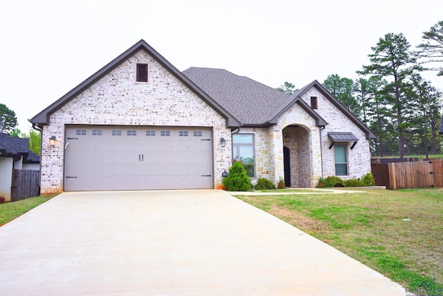 9173 Cave Branch Cv, Tyler, TX 75703 - french country style house with driveway, a front yard, an attached garage, and fence
