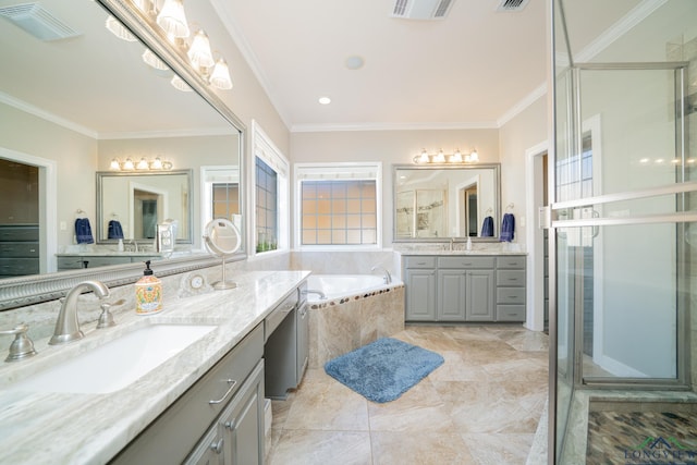 bathroom with a garden tub, visible vents, ornamental molding, a sink, and a shower stall