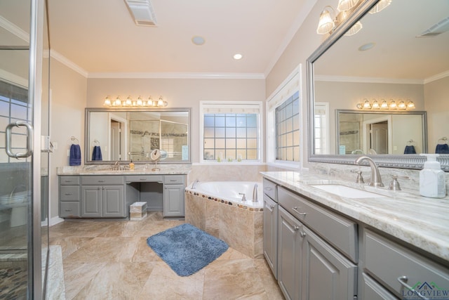 full bath featuring a stall shower, visible vents, ornamental molding, a sink, and a bath