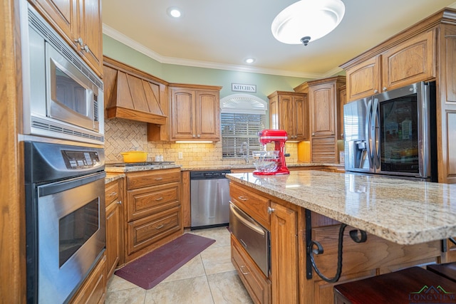 kitchen featuring a warming drawer, appliances with stainless steel finishes, backsplash, and crown molding