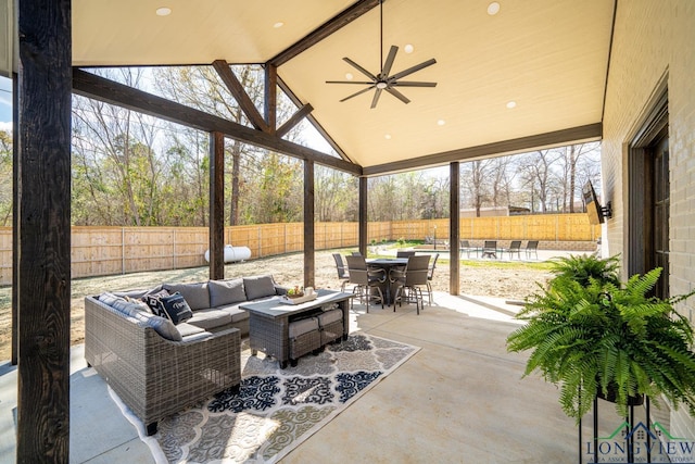 view of patio / terrace featuring ceiling fan and an outdoor hangout area