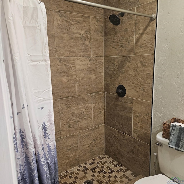 bathroom with toilet and a shower with shower curtain