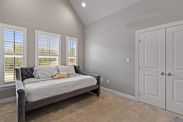 carpeted bedroom featuring a closet, high vaulted ceiling, and multiple windows