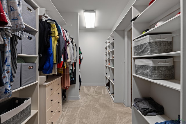 walk in closet with light carpet