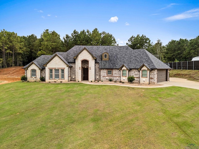 french country style house with a garage and a front lawn