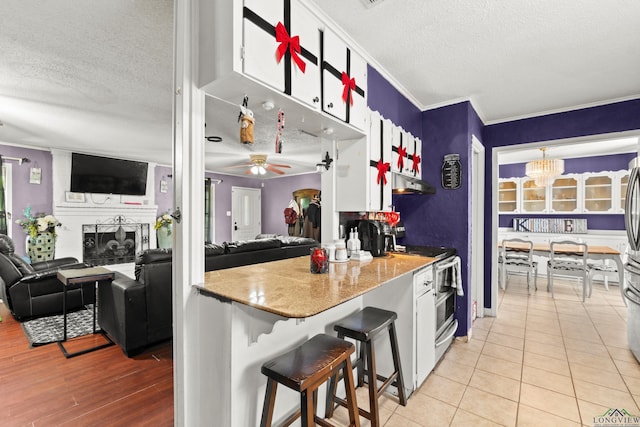 7869 Arrowwood Rd, Gilmer, TX 75644 - kitchen with a textured ceiling, open floor plan, ornamental molding, white cabinetry, and ceiling fan