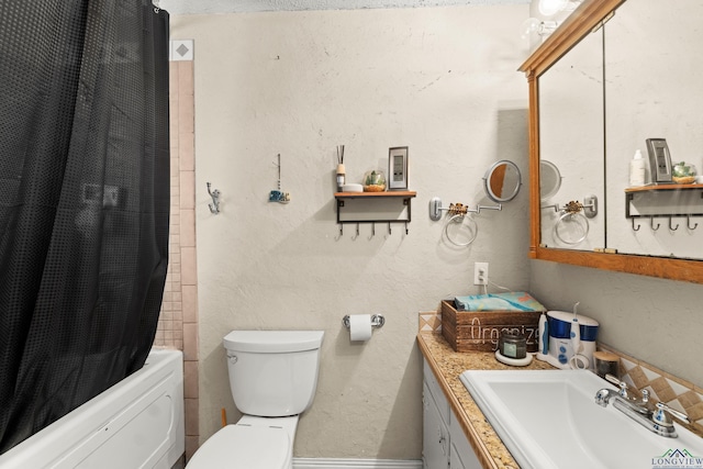 7869 Arrowwood Rd, Gilmer, TX 75644 - full bathroom with toilet, vanity, and shower / bathtub combination with curtain