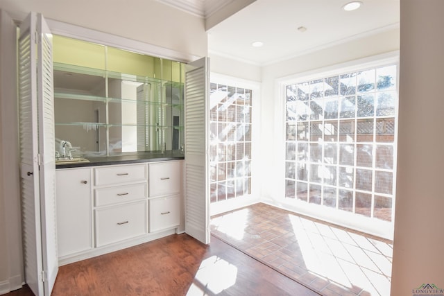 interior space with sink, white cabinets, and ornamental molding