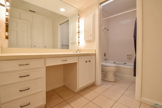 full bathroom with shower / bathtub combination, toilet, tile patterned floors, and vanity