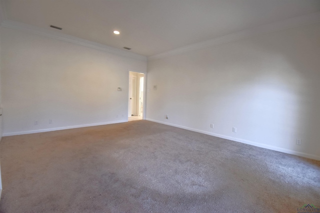 empty room featuring crown molding and carpet flooring