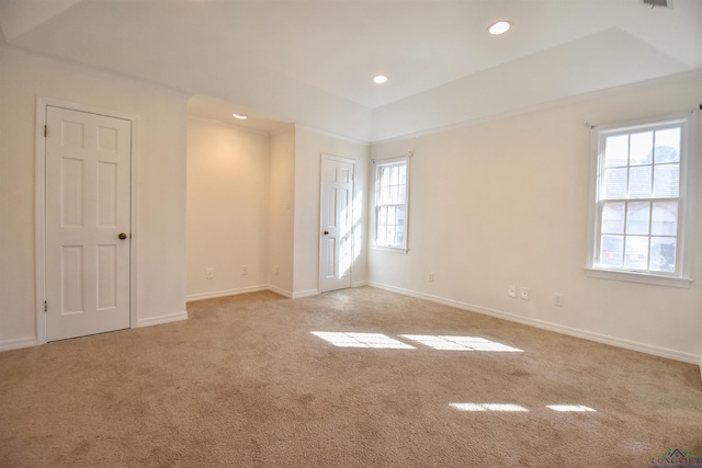 unfurnished room featuring light carpet, plenty of natural light, and a tray ceiling