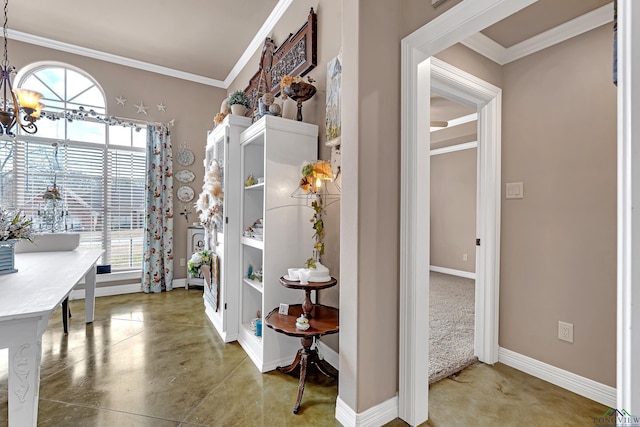 hall with baseboards, crown molding, finished concrete floors, and a notable chandelier