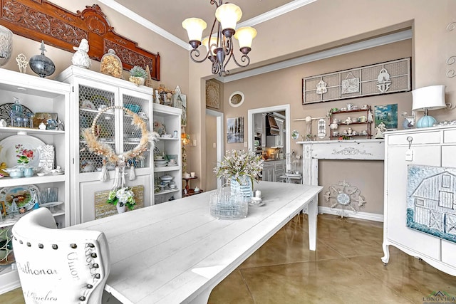 dining room featuring crown molding, concrete floors, and a notable chandelier