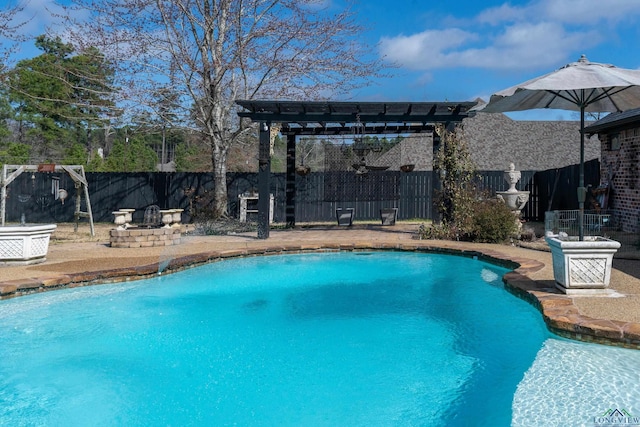 view of swimming pool with a fire pit, fence, a fenced in pool, and a pergola